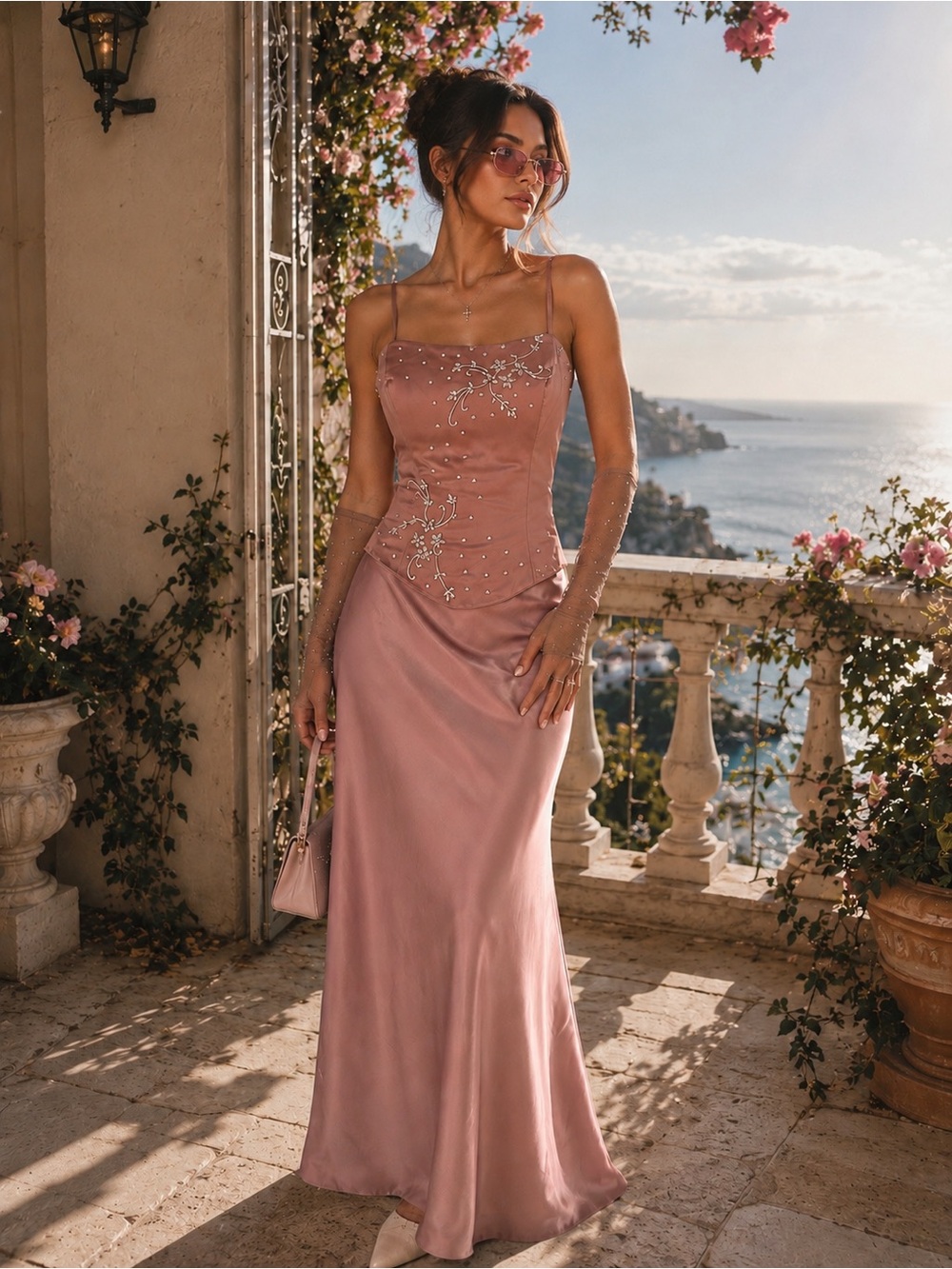 Alfred Angelo Elegant Rose-Brown Satin Evening Dress with Embellished